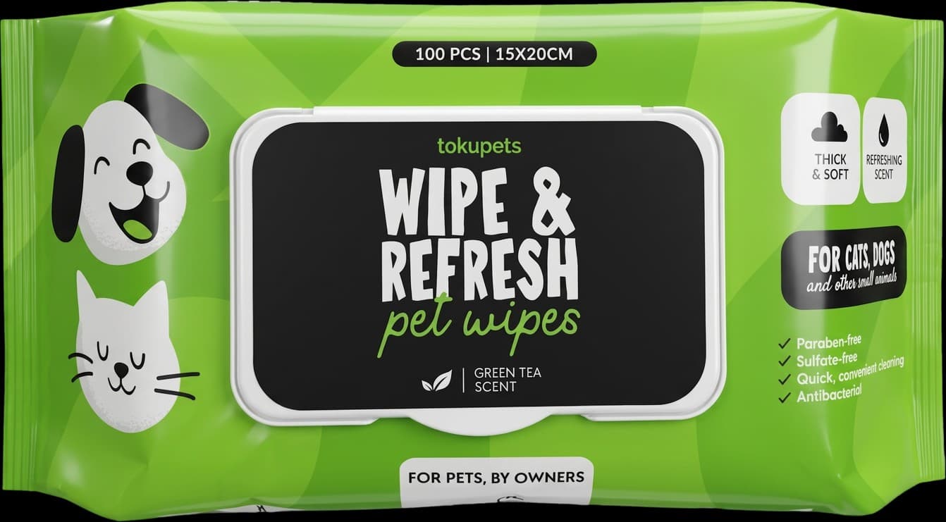 Tokupets Wipe & Refresh pet wipes pack — green packaging with dog and cat line art